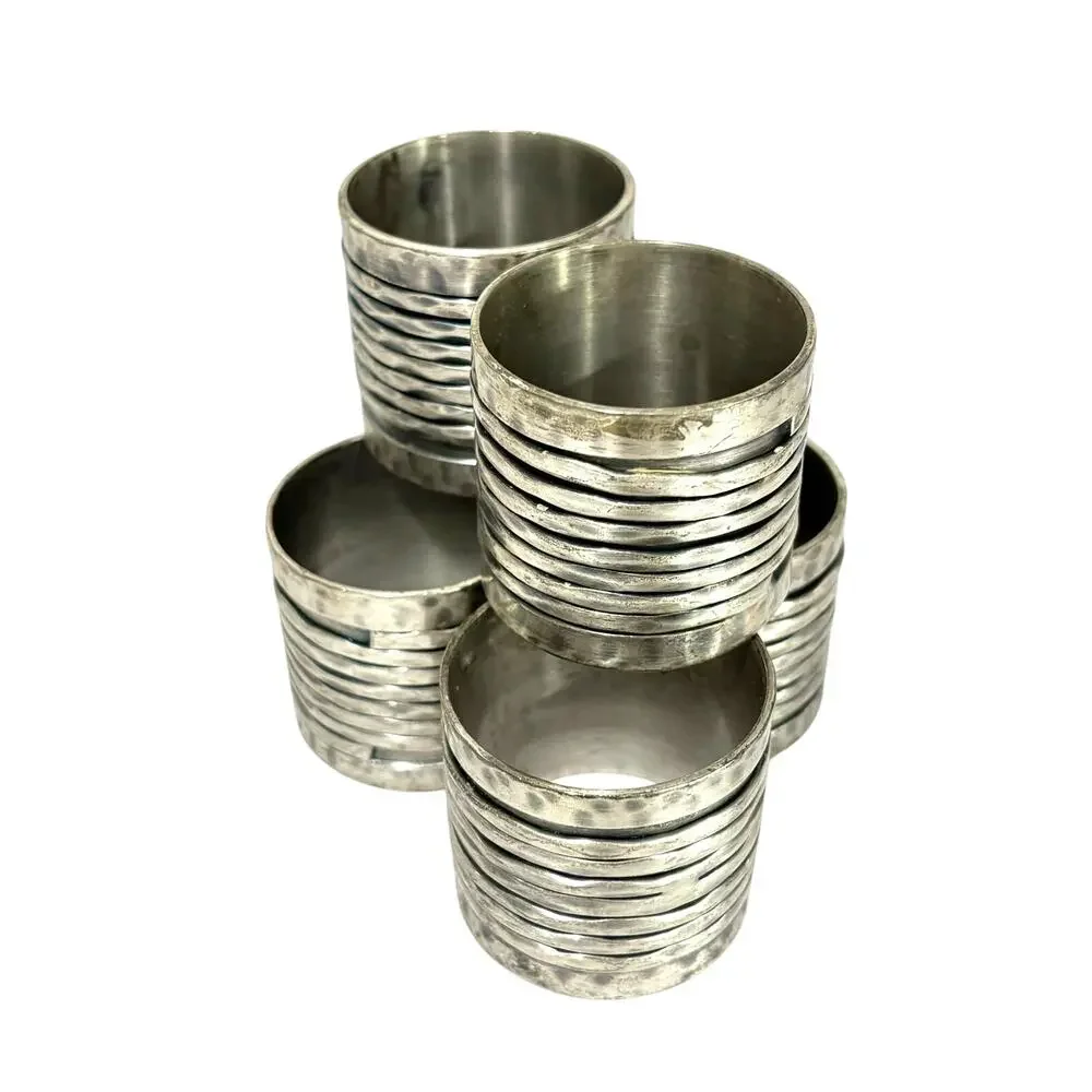 Pewter Silver napkin rings (6) wrapped Brutalist Artisan detailed metal holders